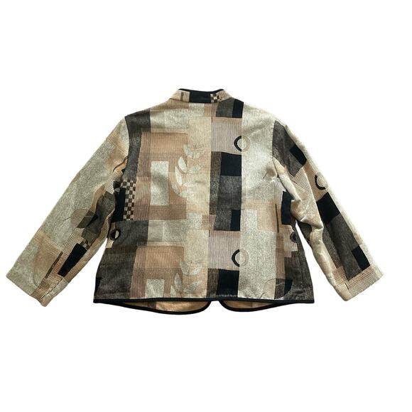 1990s VTG dressbarn Tan Black Textured Tapestry Lightweight Zip Up Jacket 1X - Picture 2 of 5